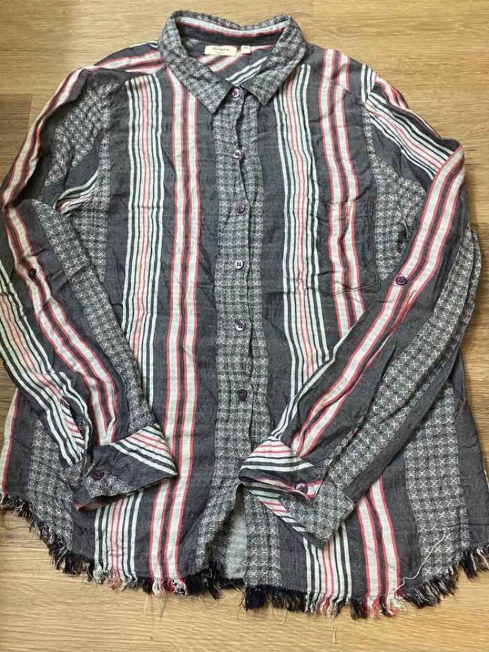 Dylan Mixed Stripe 100% Rayon Button-Down Shirt Frayed Hem – Size Medium